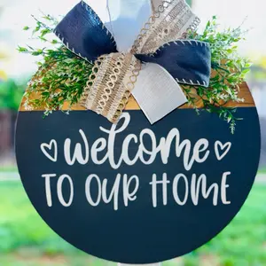 Welcome to Our Home Decorative Sign with Elegant Bow and Greenery Accents for Cozy Home Entryway