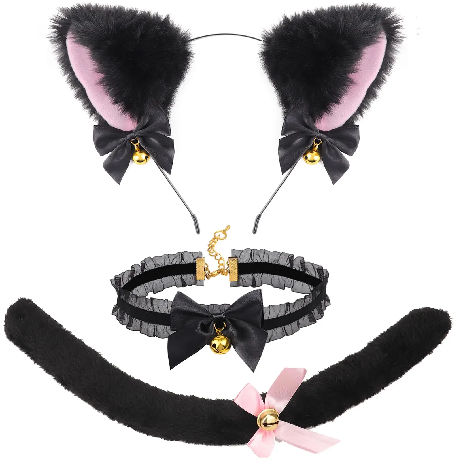 DRESHOW Cat Cosplay Costume Set for Women Halloween, Kitten Ears Headband, Fluffy Tail & Bell Choker Necklace, Party Dress Up Accessories for Girls & Teens