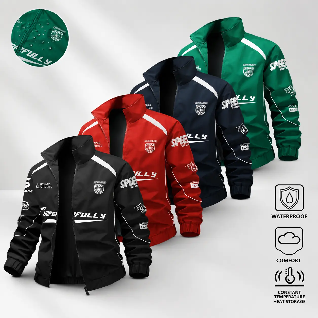 Men’s racing print stand collar jacket, waterproof lightweight zip-up windbreaker, motorcycle print baseball jacket, casual top with elastic cuffs and hem
