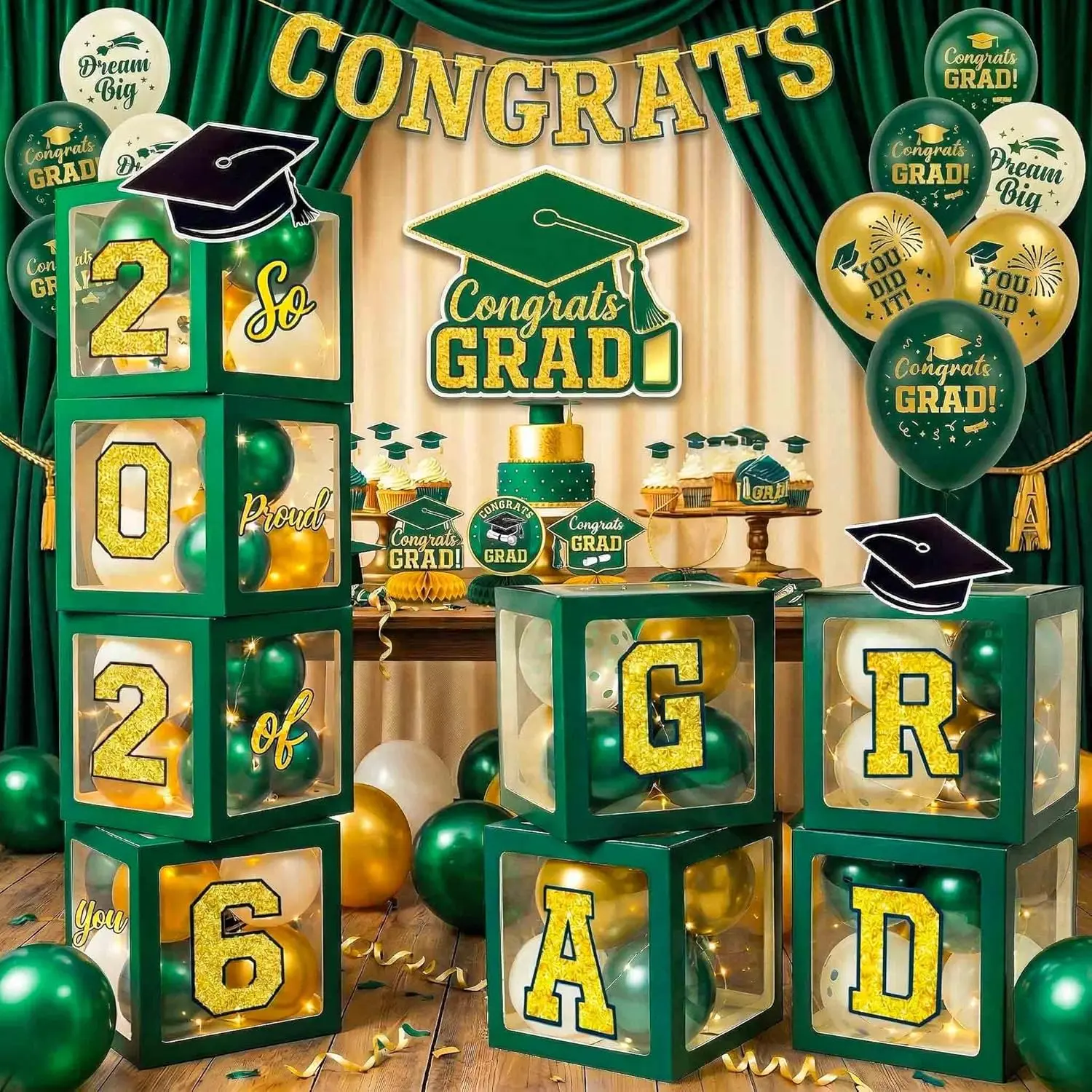Class of 2026 Green Graduation Decorations Kit with Balloon Boxes, Arch Garland, 4 String Lights, GRAD & So Proud of You Letters, Congrats Grad Table Decor & Photo Accents for High School
