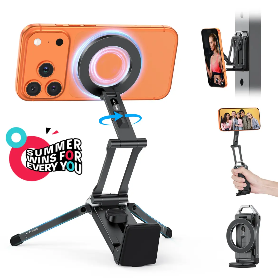 OMOTON TP02 Magnetic Aluminium Phone Mount Tripod Stand - Foldable Desk Phone Accessory with 360° Rotating Shaft, Adjustable Ring Grip, Selfie Stick Clamp, Hook for iPhone, Content Creator Tools