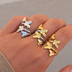 1pc 18K Gold Plated Stainless Steel Butterfly Open Ring Minimal Elegant Chic Jewelry for Women Perfect for Date Night Party Casual Outing Gift for Girlfriend Mom Friend Gold-Plated Striped Couple