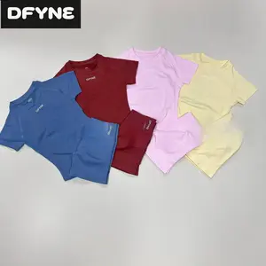 DFYNE Seamless Yoga Set 2Pcs Slim Fit Short Sleeve Gym Tee Crop Top with Booty Lifting High Waist Running Athletic Shorts Tracksuit