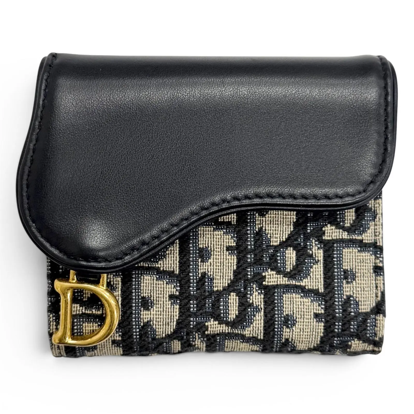 Pre-owned Dior Calfskin Small Leather Goods Christian Saddle Lotus Oblique jacquard tri fold wallet