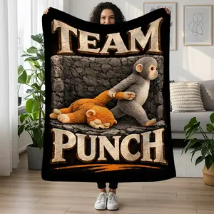 Punch Monkey Quilt Blanket, Primate Patchwork Throw, Animal Panel Bedding