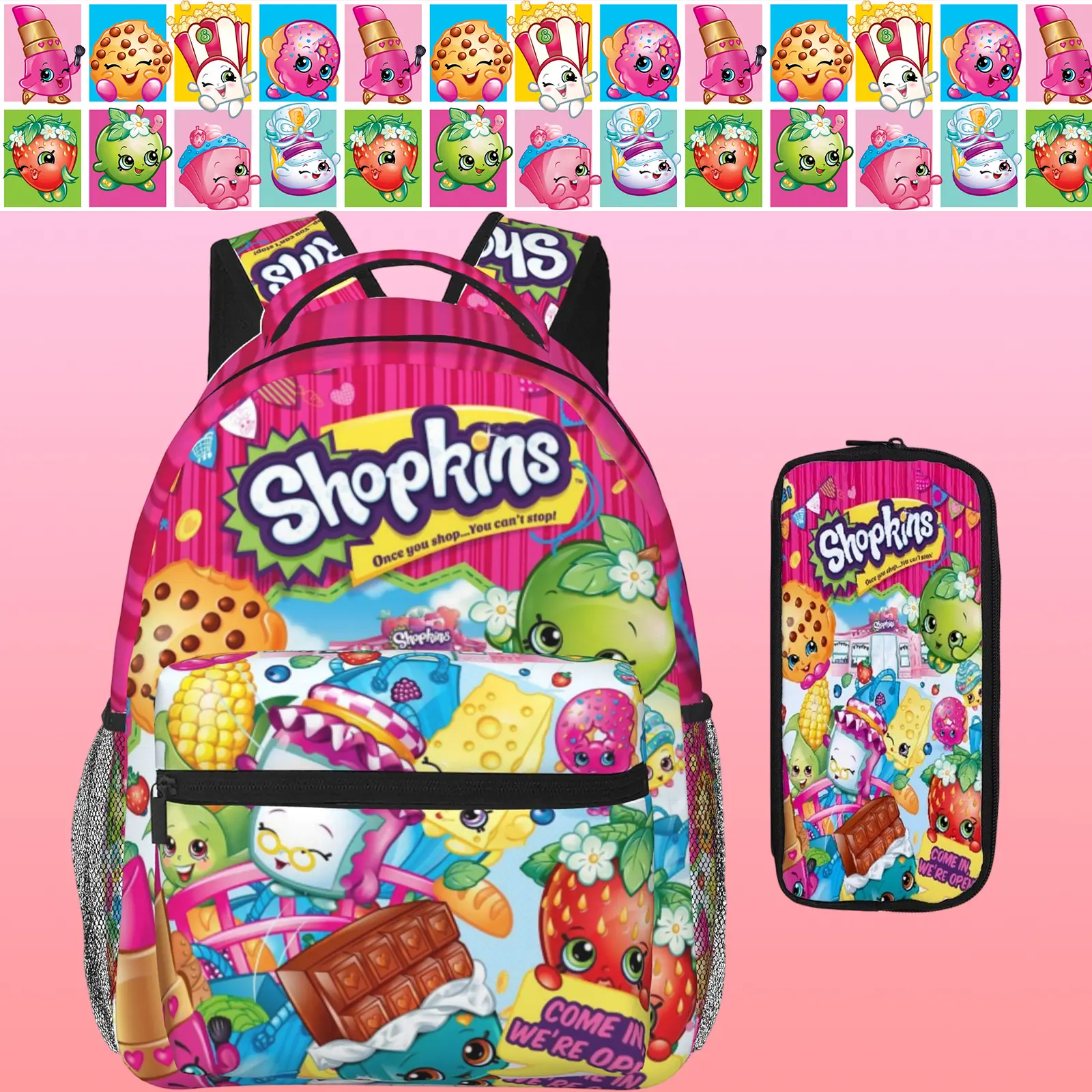 Shopkins Student Backpack for Girls Shopkins Cartoon Printed Durable Shopkins Shoppies Bookbag with Padded Back & Shoulder Straps Versatile Daypack for School Camping Travel