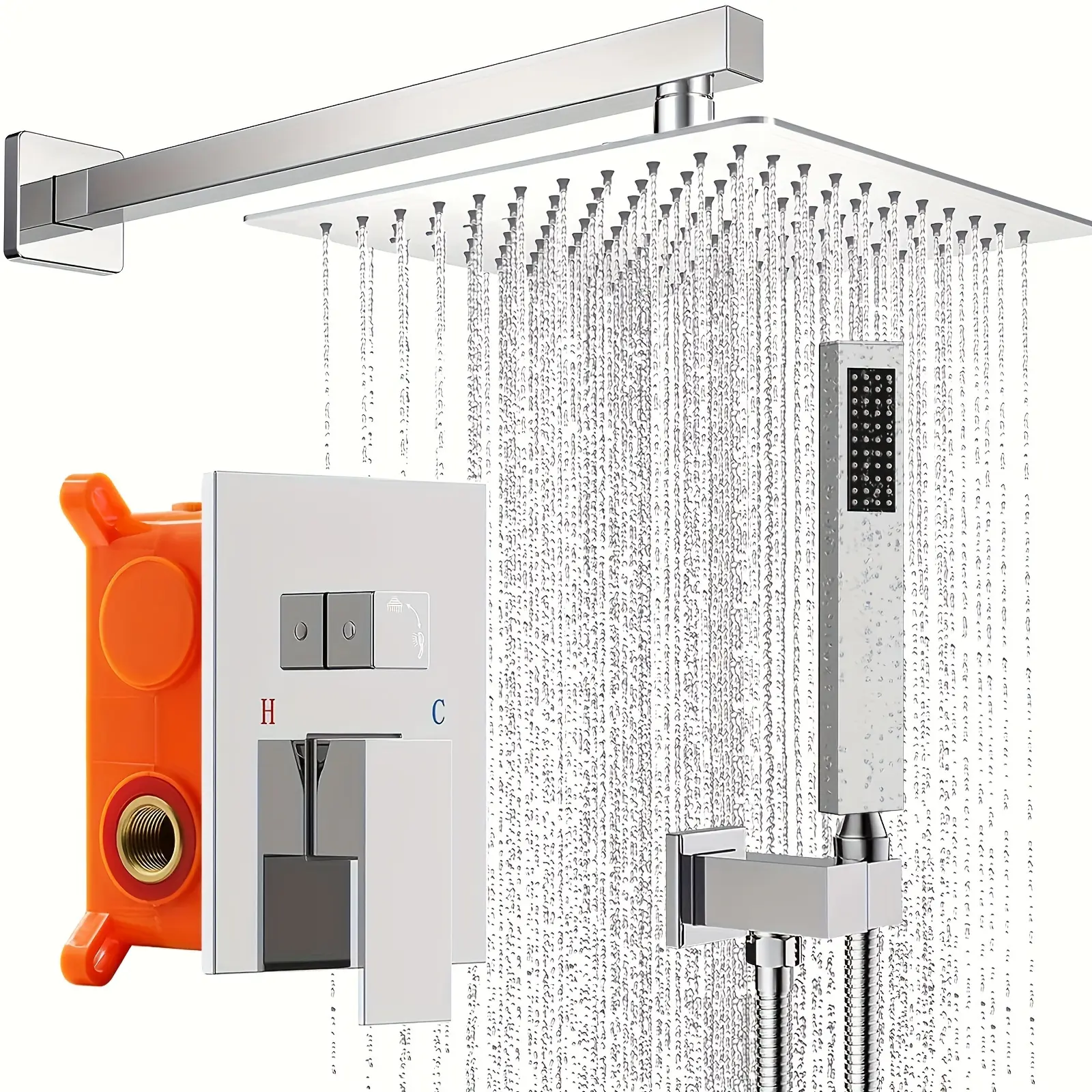 10-Inch Polished Chrome Stainless Steel Wall-Mounted Faucet Set, High-Pressure System with Handheld and Square Fixed Heads for Bathroom