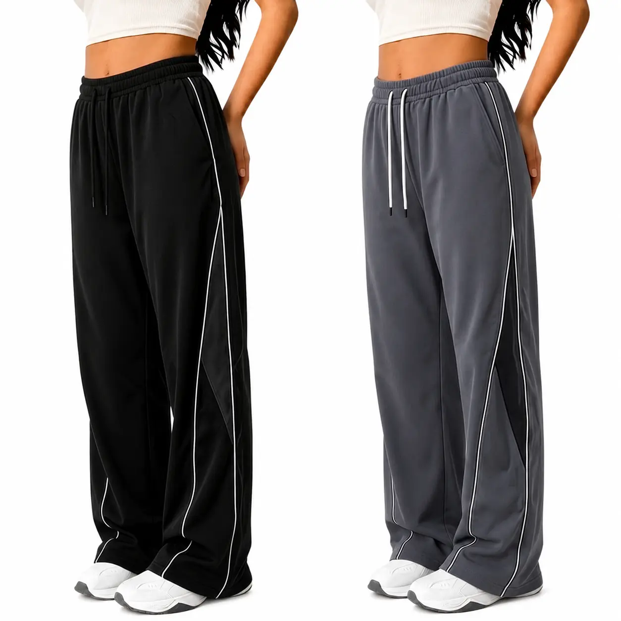 Women's 2-Pack Polyester Track Pants, Lightweight Comfy Blue Striped Wide-Leg Urban Streetwear, Spring-Summer Elastic Waistband with Drawstring Color-Block Casual Long Pants, Polyester Pants