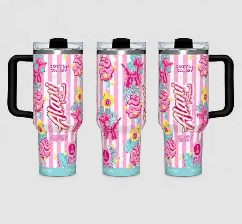 [Pink Cotton Candy, Balloon Animal Aesthetic & Alani Fan Culture] 40oz Cotton Candy Pink Stainless Steel Tumbler with Handle, Insulated Travel Mug with Lid & Straw - Alani Lover Gift