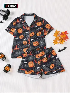 2 pieces of women's Halloween pumpkin lantern spider bat print short sleeved shorts, comfortable lapel pajama set, knitted top, pocket elastic waistband, suitable for all seasons casual classic home wear, Loungewear