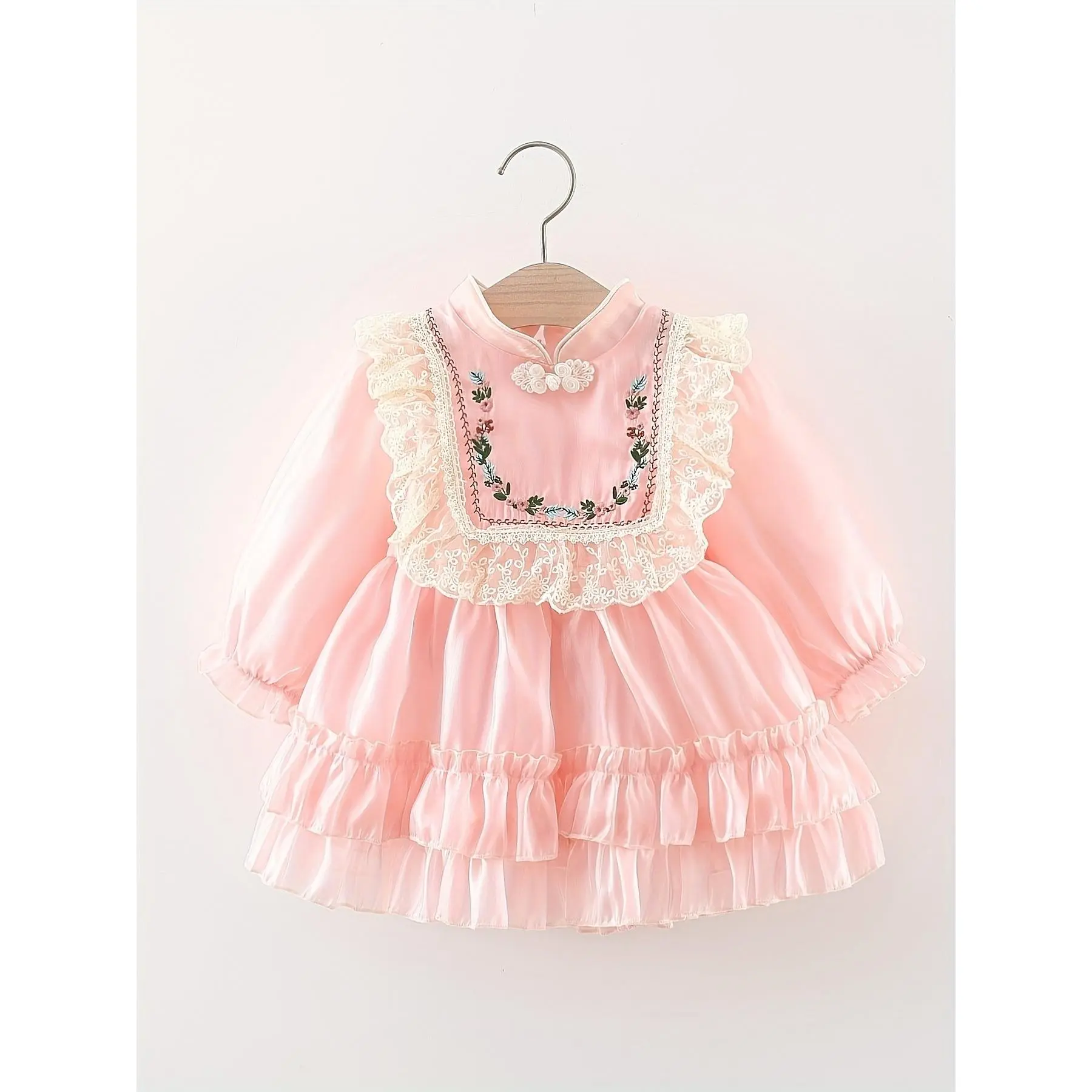 Baby Girl's Woven Vintage Flower Print Long Sleeve Dress - Polyester Regular Casual Spring Party Gown, 0-3 Years Kids' Clothes, Hand Wash Only, No Dry Clean