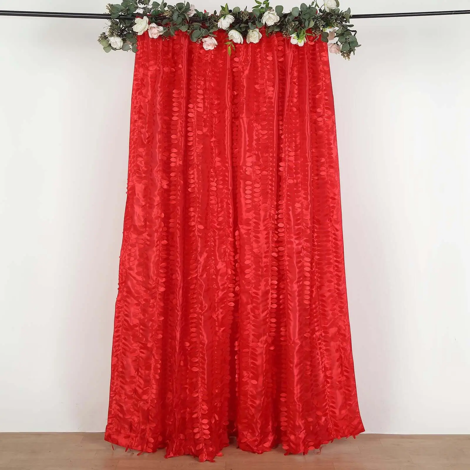 Red 3D Leaf Petal Taffeta Backdrop Drape Curtain - 8ftx8ft Wedding Party Backdrop with Rod Pocket, Photo Booth Event Divider Panel for Party Decoration, Birthday, Christmas, Halloween Ideas