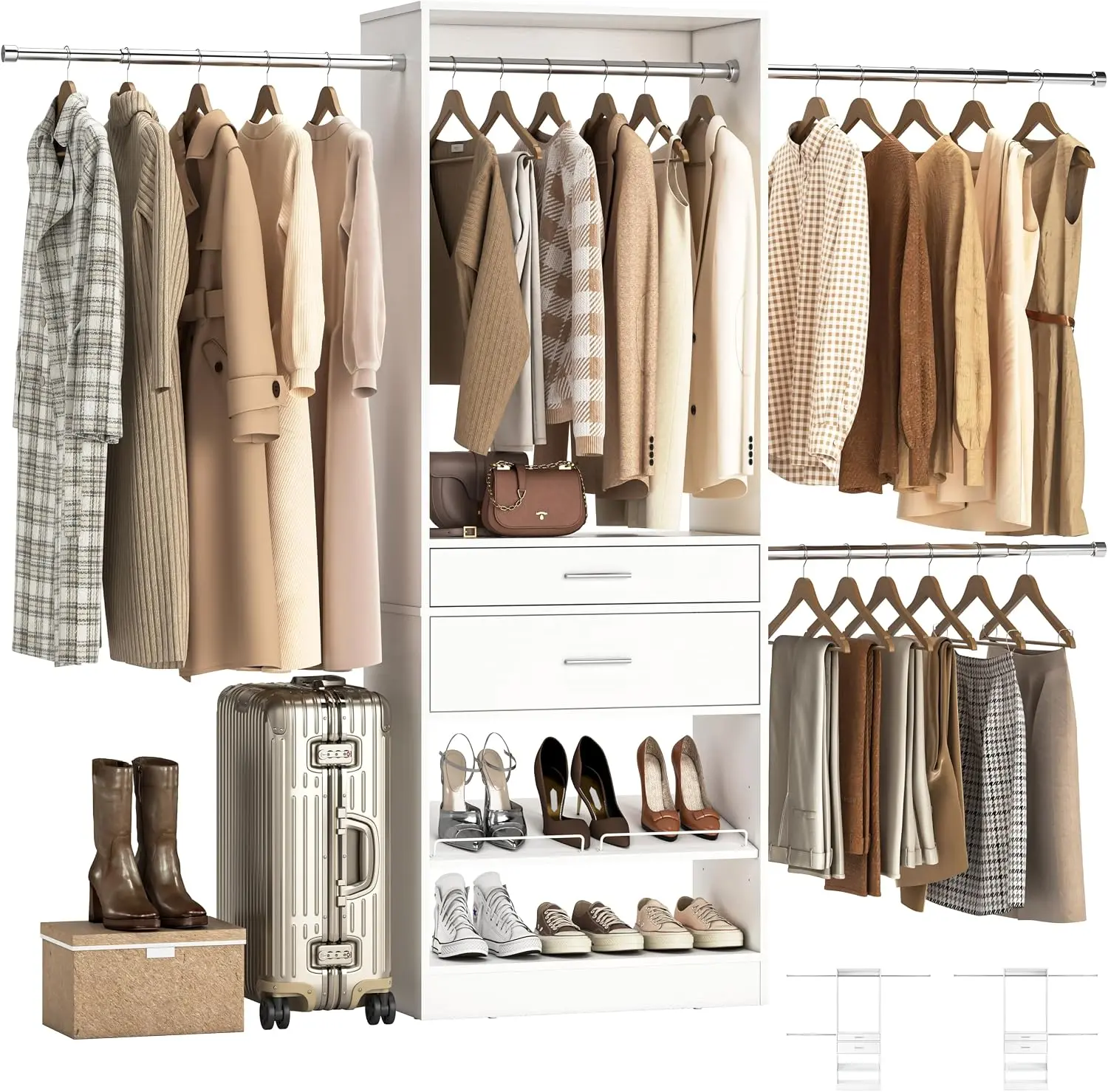 48"-96" Expandable Closet System with 2 Drawers, 1000 LBS, Reversible Heavy Duty Wood Walk-in Closet Organizer Wardrobe with Adjustable Shoe Rack