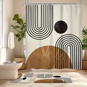 1/4pcs Bohemian medieval style abstract geometric pattern shower curtain set, non-slip floor mat, U-shaped carpet, toilet lid cover, for bathroom decoration, partition, free 12 shower curtain hooks, Bathroom Accessory