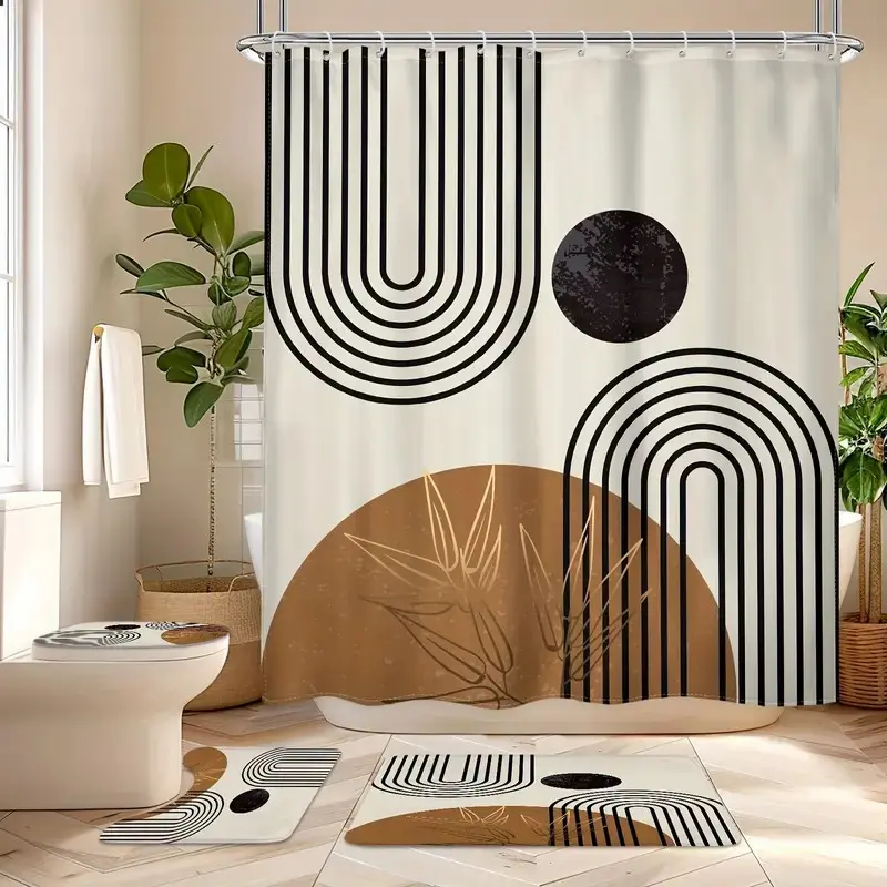 1/4pcs Bohemian medieval style abstract geometric pattern shower curtain set, non-slip floor mat, U-shaped carpet, toilet lid cover, for bathroom decoration, partition, free 12 shower curtain hooks, Bathroom Accessory