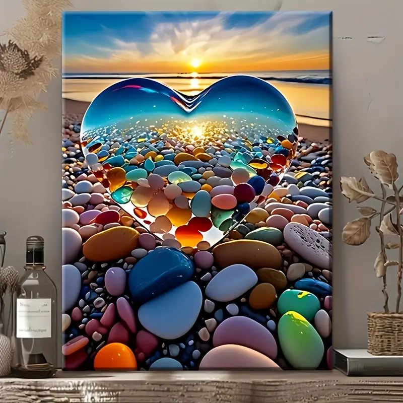 Artistic Pine Wood-Framed Heart-Shaped Pebble Pattern Canvas Wall Art Painting, 1 Secure Hand-Packed Indoor Poster & Print, Home Decor for Living Room Bedroom Artwork