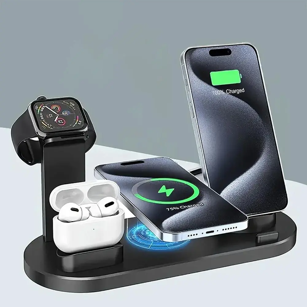 15W 6 in 1 Wireless Stand, Multifunctional Desk Phone Holder, Fast Charging Station, Charging Dock Station, Freestanding Wireless Charger for iPhone 15 14 13 12 11 Pro Max Apple Watch AirPods