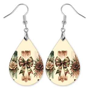 Camo Bow Teardrop Earrings – Lightweight MDF Wood Rustic Camouflage Design