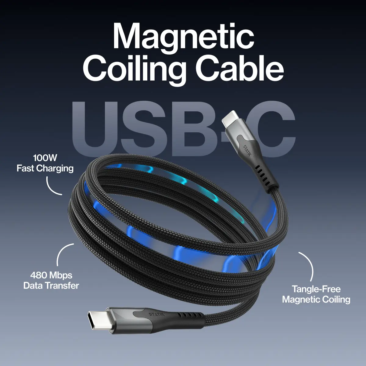 STATIK MagStack USB-C to USB-C: Cable | 100W Fast Charge | 480Mbps Data Sync | Tangle-Free Braided Nylon for MacBook Pro Air iPad iPhone 15 16 Android Samsung Galaxy | Durable Electronic | Computer | Cellphone | Charger