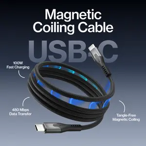 STATIK MagStack USB-C to USB-C Cable: 100W Fast Charge | 480Mbps Data Sync | Magnetic Self-Coiling | Tangled-Free Braided Nylon | Regular & Slim
