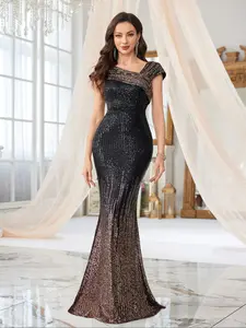 Elegant Asymmetrical Neckline Sequins Ruched Design, Women's Formal Wear Fashion Top Dress, Perfect for Evening Formal Parties & Special Occasions