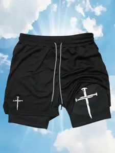 Men'S Stretchy Cross Print 2-in-1 Athletic Shorts-Breathable Quick-Dry Basketball & Beach Outings Compression And Active Drawstring Shorts for Outdoor