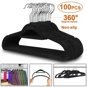 JupiterForce 100PCS Velvet Hangers - Metal 360-Swivel Galvanized Zinc Hooks, Non-Slip Finish, Contoured Bar, Compact Home Organizer That Maximizes Storage Space