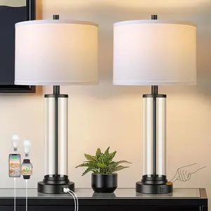 Touch Control Table Lamps Set of 2 with USB Ports, 3-Way Dimmable Bedside Lamp for Living Room Bedroom House, Modern Nightstand Lamp with 2 LED Bulbs(Black)