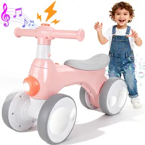 Balance Bike, Kids Balance Bike with Music, Lights, Bubble Machine, 4 Wheels, Soft Seat Pre-School First Riding on Toys, Christmas Gifts for Boys Girls