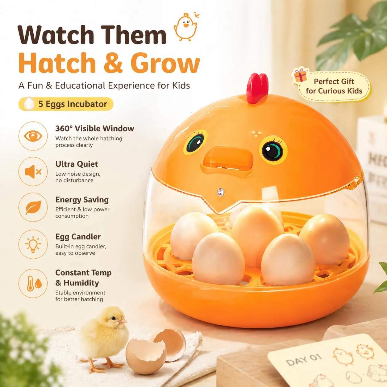 5-Capacity Small Poultry Incubator for Home Use - 360° Transparent Viewing Window, Built-in Candler, Portable Hatching Machine for Chicken, Quail & Pigeon, Farm Pet Supplies