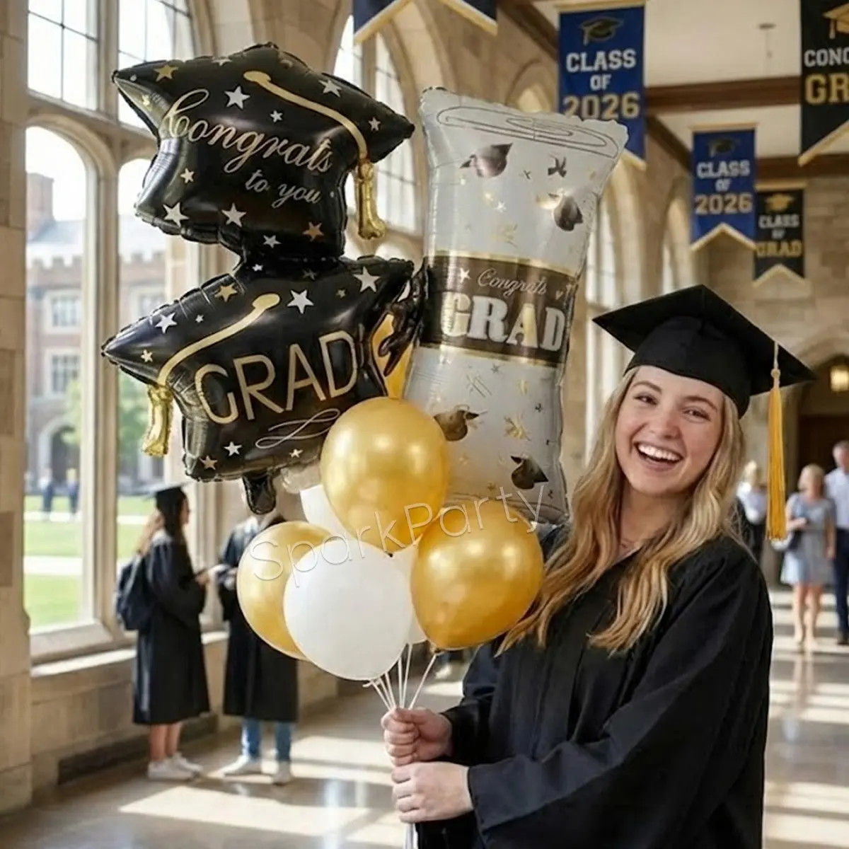 8pcs Graduation Party Balloon Set, Giant Double Layer Cap Shape Foil Balloons, Diploma Shape Balloons, Balloon Decorations Kit, Perfect for 2026 Graduation Decorations, Balloon Party Supplies