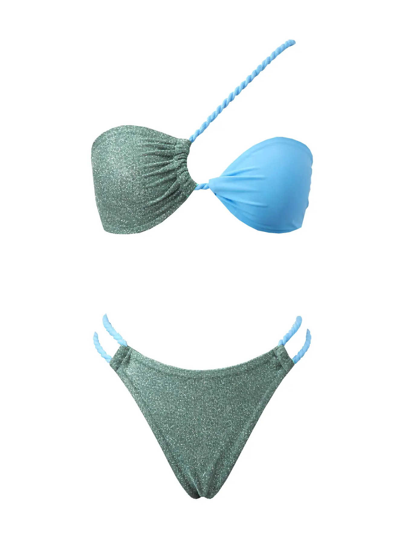 2026 braided rope one-shoulder women’s two-piece swimsuit set, fashionable sexy halter low-rise micro bikini set, casual holiday hot spring robe beach outfit set