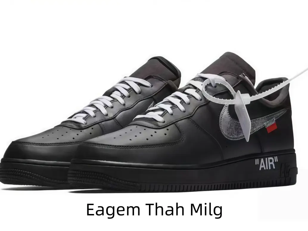 Trendy monochrome gradient black leather sneakers adopt classic low-top silhouette, clean white woven laces and unique white hanging fabric tie, thick matching black rubber sole offers soft cushion for all-day walking