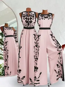 Elegant Aesthetic Colorblock Plant Print Jumpsuit, Sleeveless Waist Cinched Wide Leg Pants, Casual Fitted Knit Romper