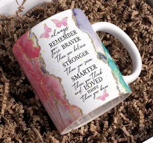 Self-Reminders Mug Always Remember You Are Loved Inspirational Watercolor Teal & Pink Butterfly Design Motivational Gift for Daily Enjoyment Ceramic Coffee Cup Reusable Washable Tumbler