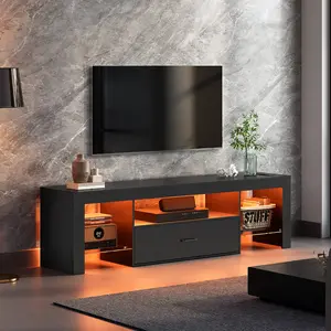 HOOBRO LED Modern Media TV Console Table with Large Drawer, TV Stand with Power Outlets to 65 inch TV, Gaming Entertainment Center with Glass Shelves, for Living Room Bedroom, Black #SummerVibes