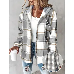 [Plaid Shacket] Warm Plaid Long Sleeve Shacket - Button Fleece Lined Hooded Jackets Coat Fabric Womenswear