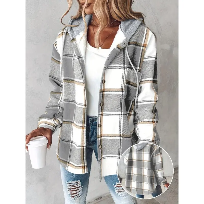 Women's Plaid Shacket - Warm, Fleece Lined, Long Sleeve, Button-Up, Hooded, Drawstring Casual Chic Outerwear with Elastane for Outdoor Wear (Women's Clothing)