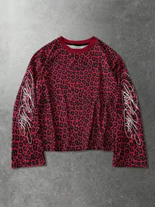 Unisex Red Animal Print Graphic Shirt - Loose Fit Long Sleeve Streetwear Tee - Bold "Live Lifestyle" Script Sleeve Apparel for Skateboarding and Music Festival Fashion Casual Clothing Streetwear Tops