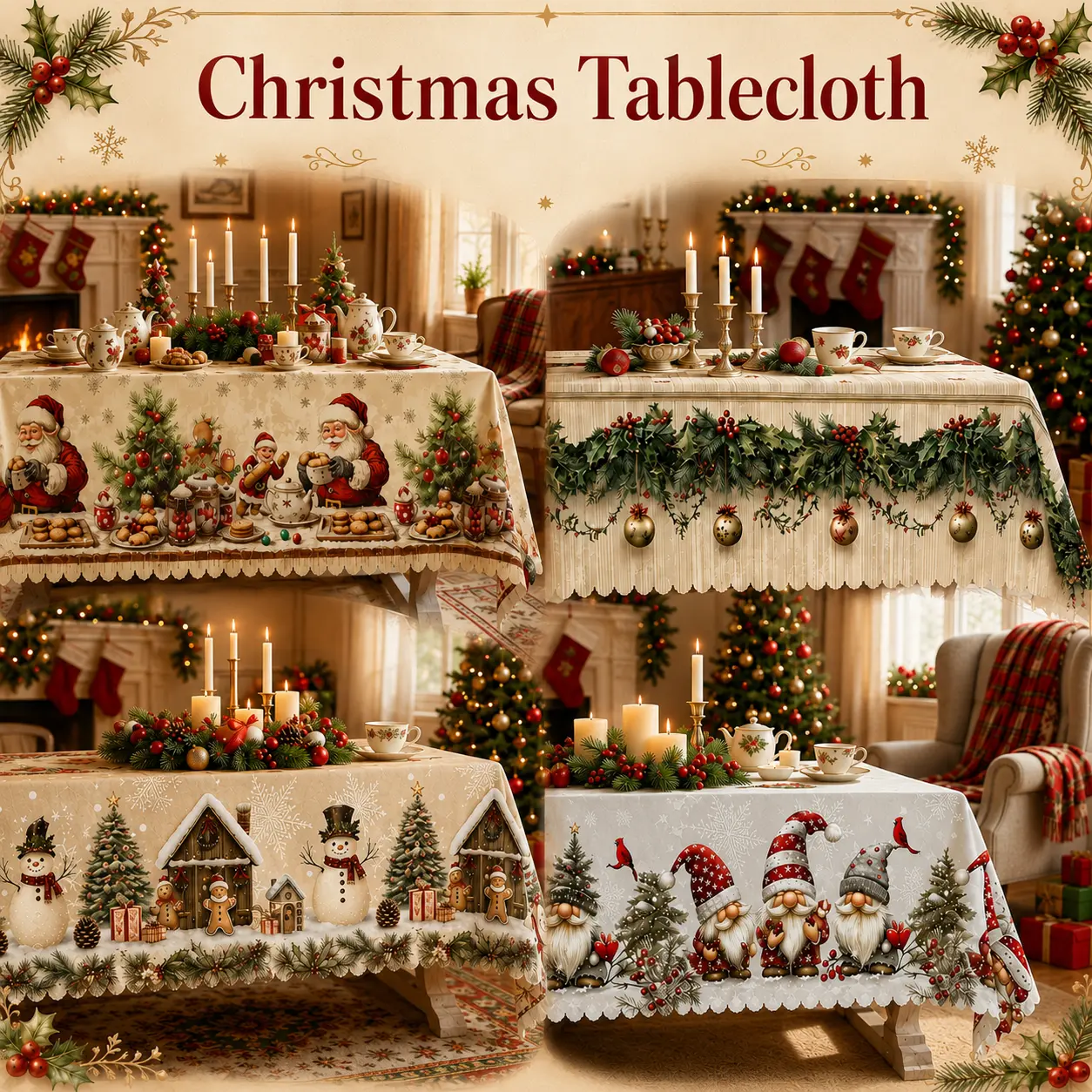 Christmas Tablecloth with Pine Trees, Snowmen, Reindeer, Santa and Holiday Gifts, Winter Wonderland Theme, Round, Rectangular and Oval 60in Covers for Dining Rooms, Restaurants, Parties and Family Dinners polyester, washable, clearance sale