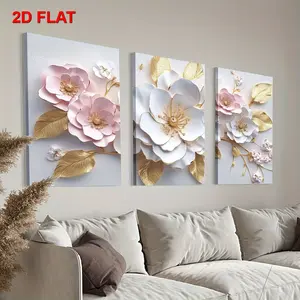 3-Piece Floral Abstract Print Wall Art Set with Gold Accents - Glossy, Waterproof Home Decor Products, Triple Panels for Kitchen, Living Room, Valentine's Day Gift, Water Proof