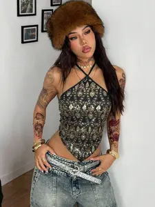 Sparkle Cross Backless Sleeveless Sequin Short Top, Halter Neck Crop, Sexy Girl Style, Eye-Catching and Unique, Perfect for Cool Party, Light Social Events, Daily, Backless Tops