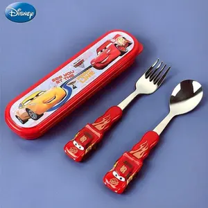 Disney Officially Licensed 3D Spoon & Fork Set, 3pcs Lightning McQueen, Stitch, Mickey Mouse, Zootopia Judy & Toy Story Buzz Lightyear, Food-Grade Non-Slip Handles with Portable Case for Outdoor Picnics, Kindergarten & Family Dinners, Birthday Parties