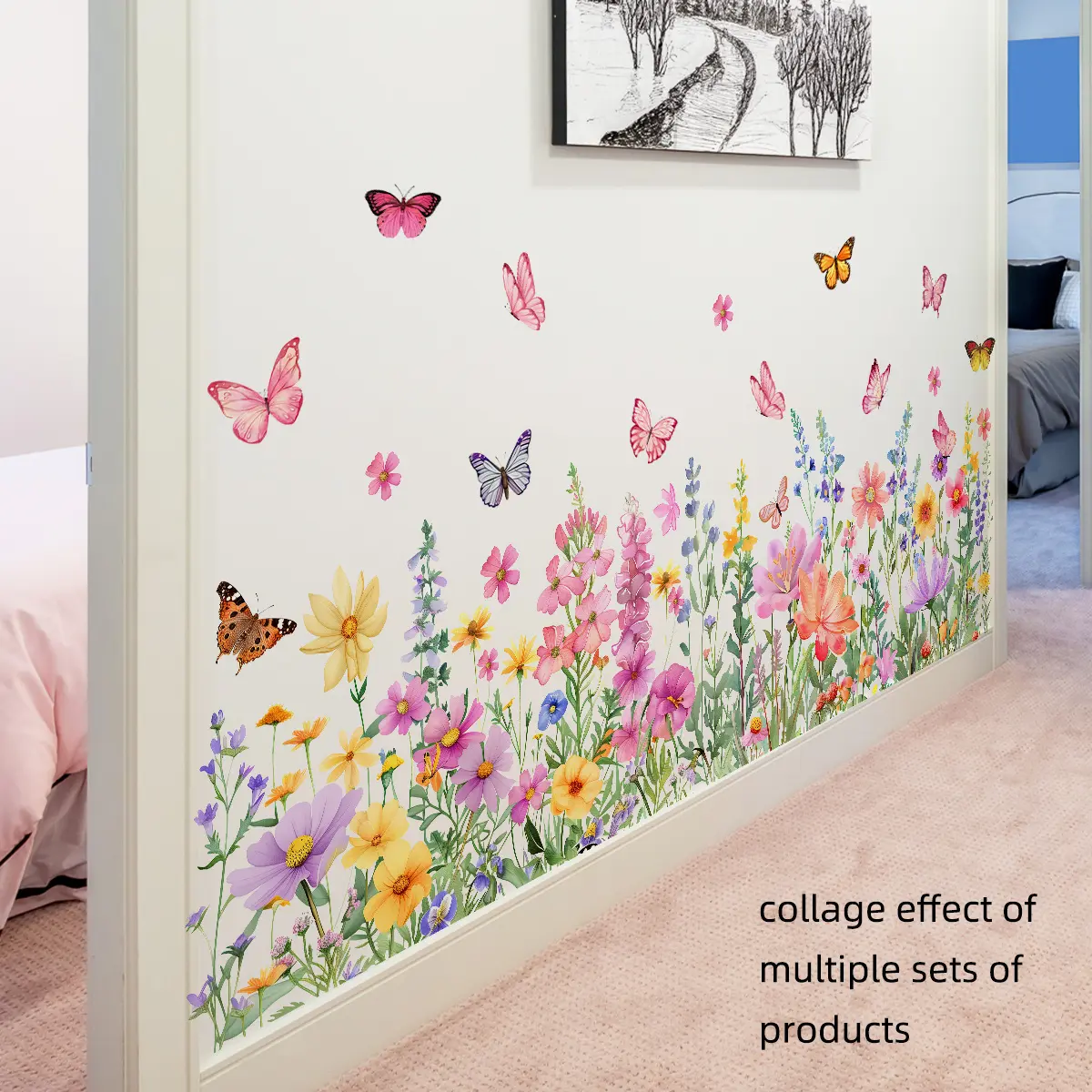 A (30*90cm) spring flower cluster butterfly atmosphere wall sticker, Decorative Wall Sticker, Wall Decal, for living room, entrance, bathroom, and bedroom decoration and beautification, Wall Art Stickers, self-adhesive M16023-YJ