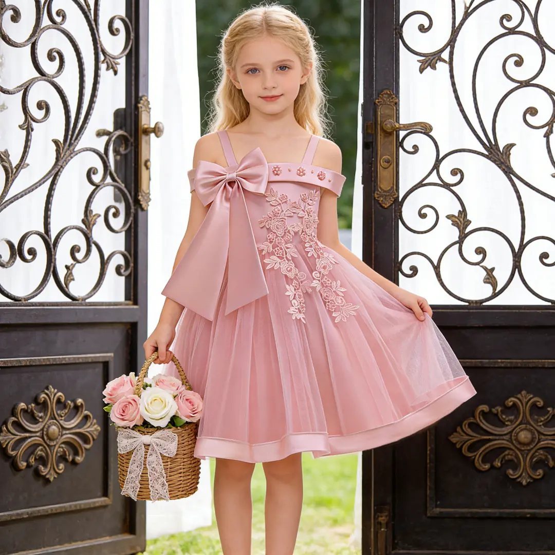 Girls' 5081 Floral Princess Dress - Lovely Bow Dress with Bow Accent, Formal Wear, A-Line Cut, Elegant Design for Performance, Wedding Parties, Summer Wearing, Floral Dress