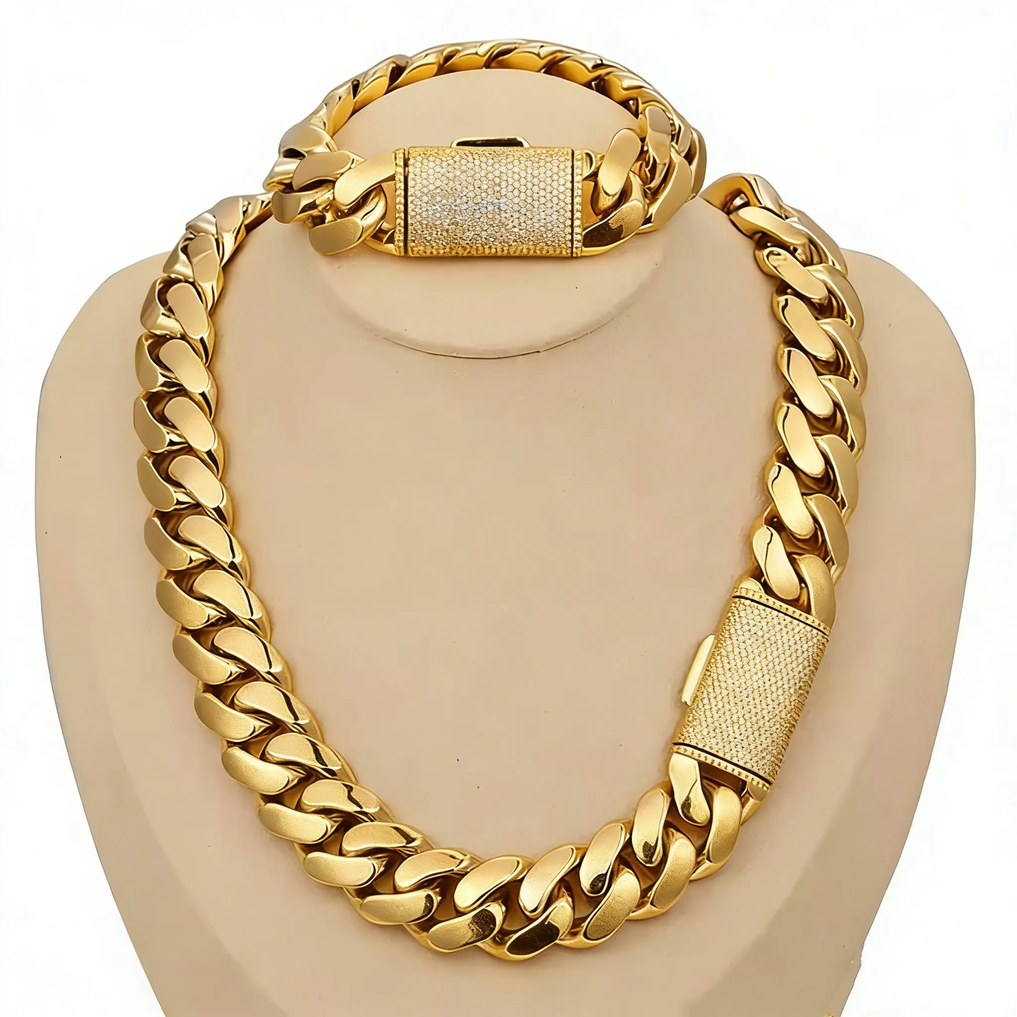 18K Gold Plated Cuban Chain Set – Waterproof, No Tarnish, Iced Lock Clasp Necklace & Bracelet, 8–22mm Width, Chains 16–30", Bracelets 7.5/8.5