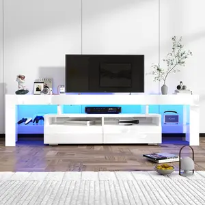 70in LED TV Stand for 75/80 inch TV, High Glossy Modern Entertainment Center with Drawer and Open Shelf, Television Table Center Media Console for Living Room, White/Black/Marble Black