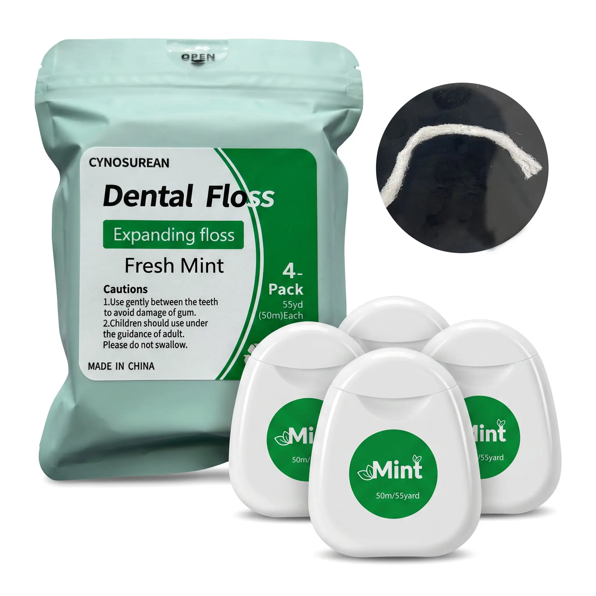 Expanding Tooth Floss for Sensitive Gums - Waxed Dental Floss with Natural Beeswax Coating for Smooth Glide, Fresh Mint & Xylitol, 4-Pack (55 yd Each) Daily Gentle Deep Clean Oral Care Tool