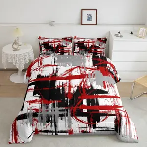 Twin Size Decorative Microfiber Bedding Set - Red, Grey, Black Designer Abstract Art Modern Striped Geometric Comforter, Breathable Quilt, Duvet, Decorative Bedding Set