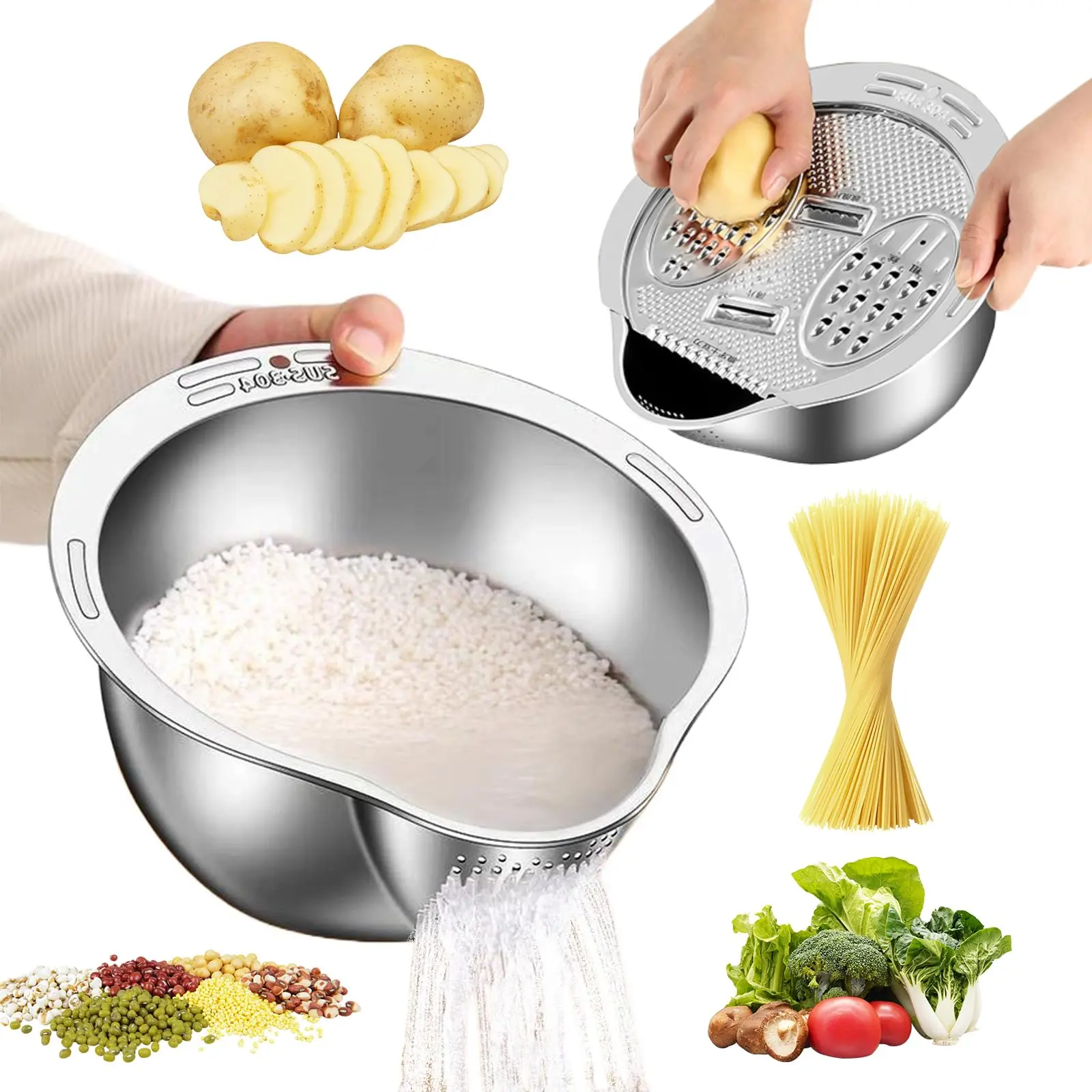 304 Stainless Steel Kitchen Basket - Sturdy Washing Basin Strainer, Vegetable Fruit Cutting Board, Cutter Slicer, Rice Colander with Side Drainer for Cheese, Quinoa, Fruits (Holes-Designed for Efficient Cleaning) Stainless Steel Sieve Filter